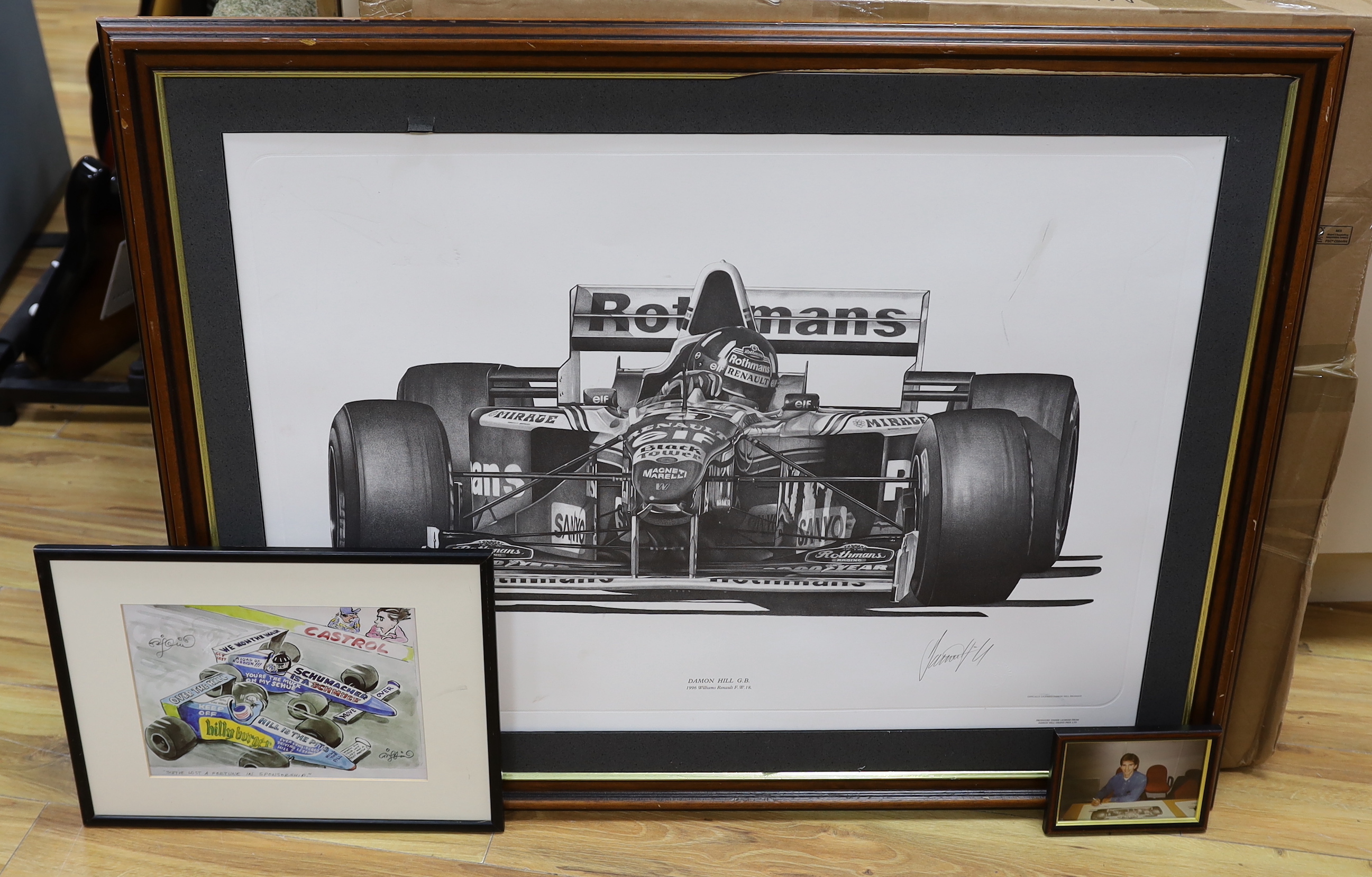 Alan Stammers (20th. C), pencil signed limited edition print, 1996 Damien Hill, Williams Renault, together with a colour photograph and another print, largest 80 x 85cm